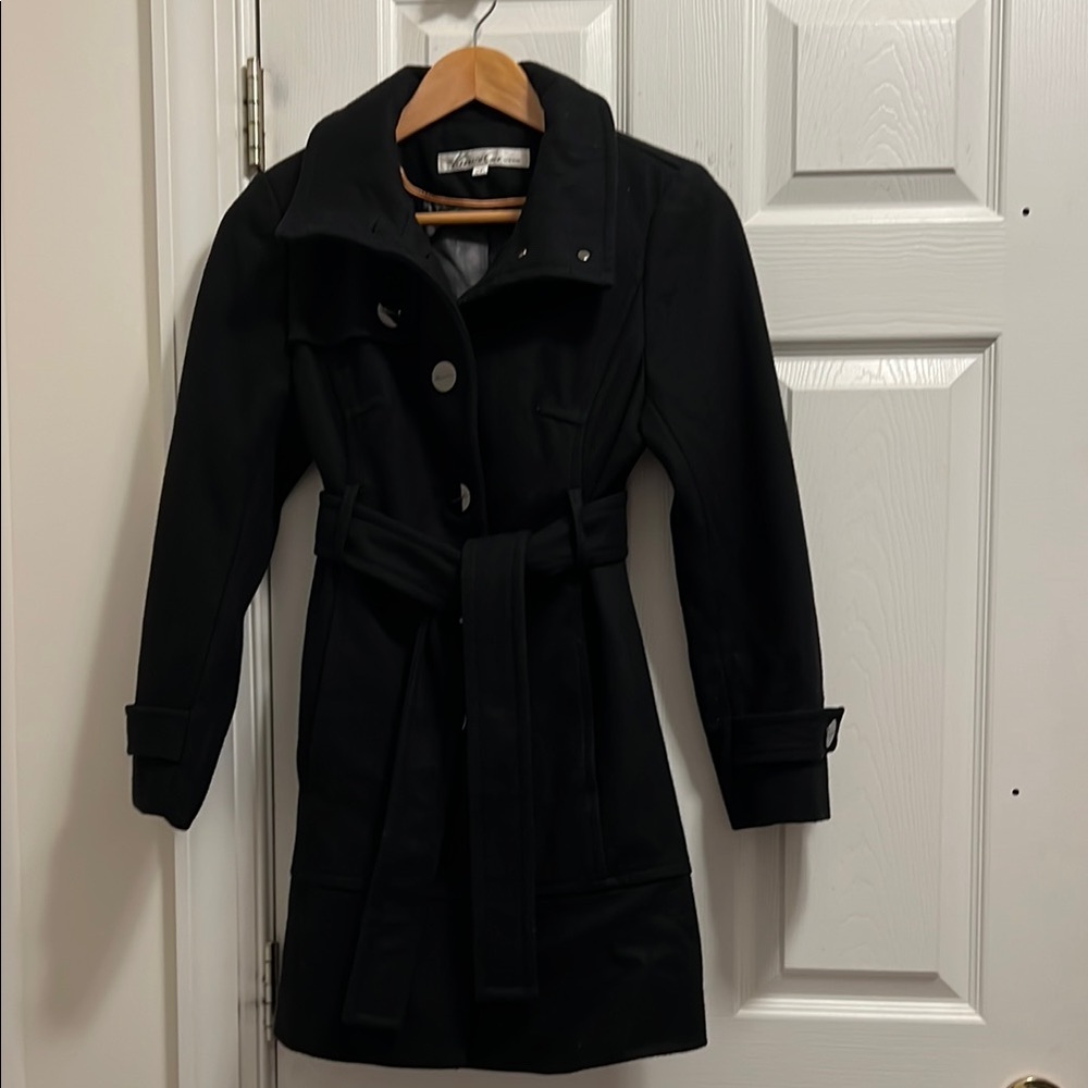 Kenneth Cole New York Wool Blend Black Trench Coat with Belted Waist